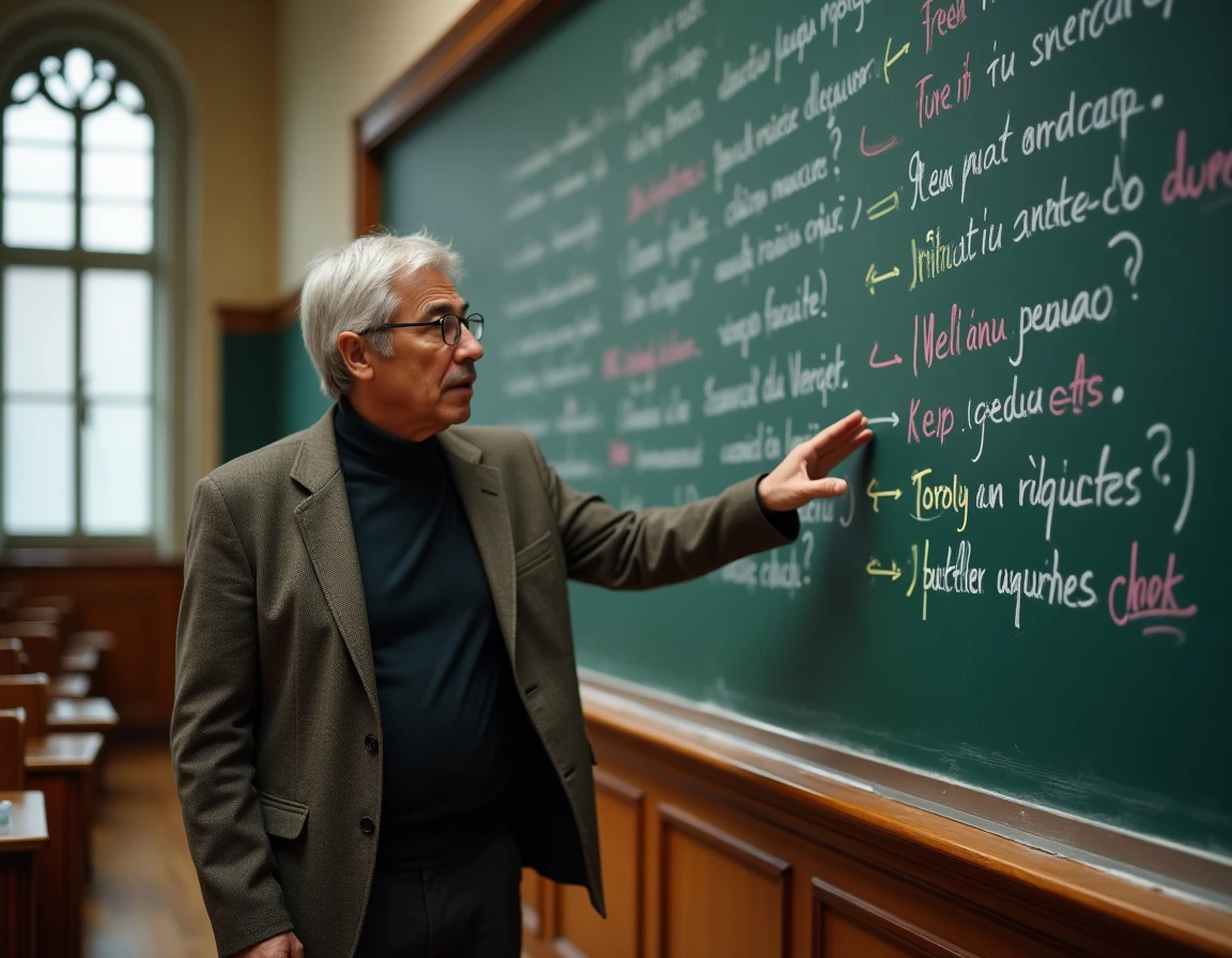 Professeur de littérature française expliquant les rimes riches et pauvres devant un tableau noir dans un amphithéâtre universitaire
