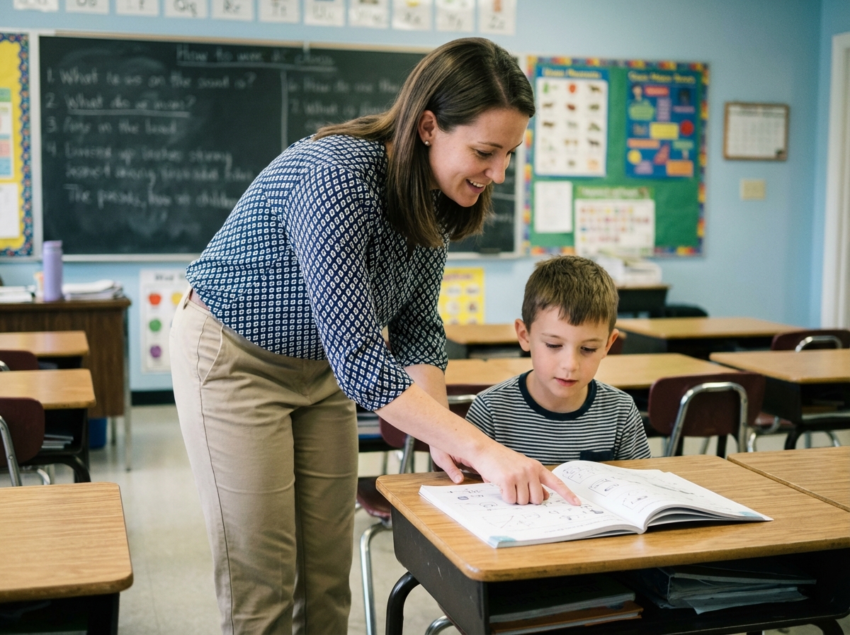 Professeure aidant un élève en classe avec tableau