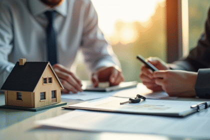Professionnel examinant des documents immobiliers avec clés et maison modèle