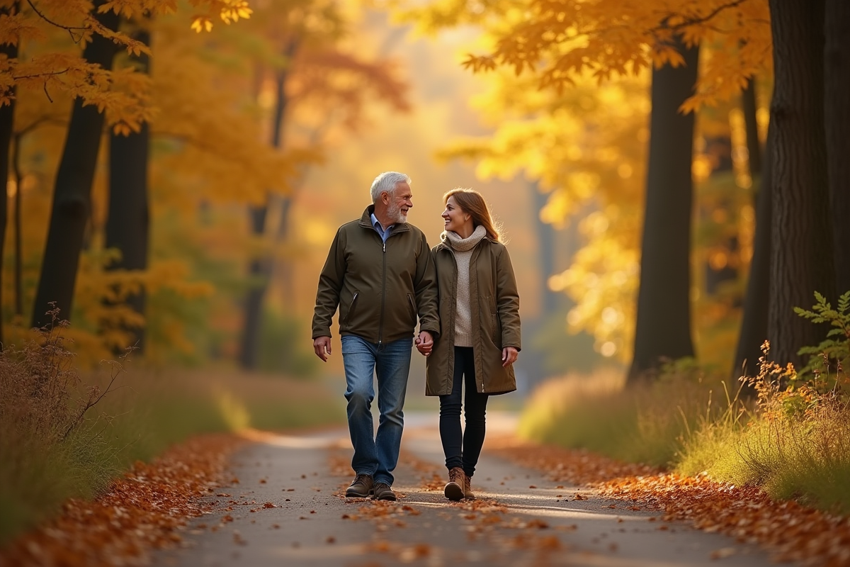 Couple marchant dans la forêt automnale