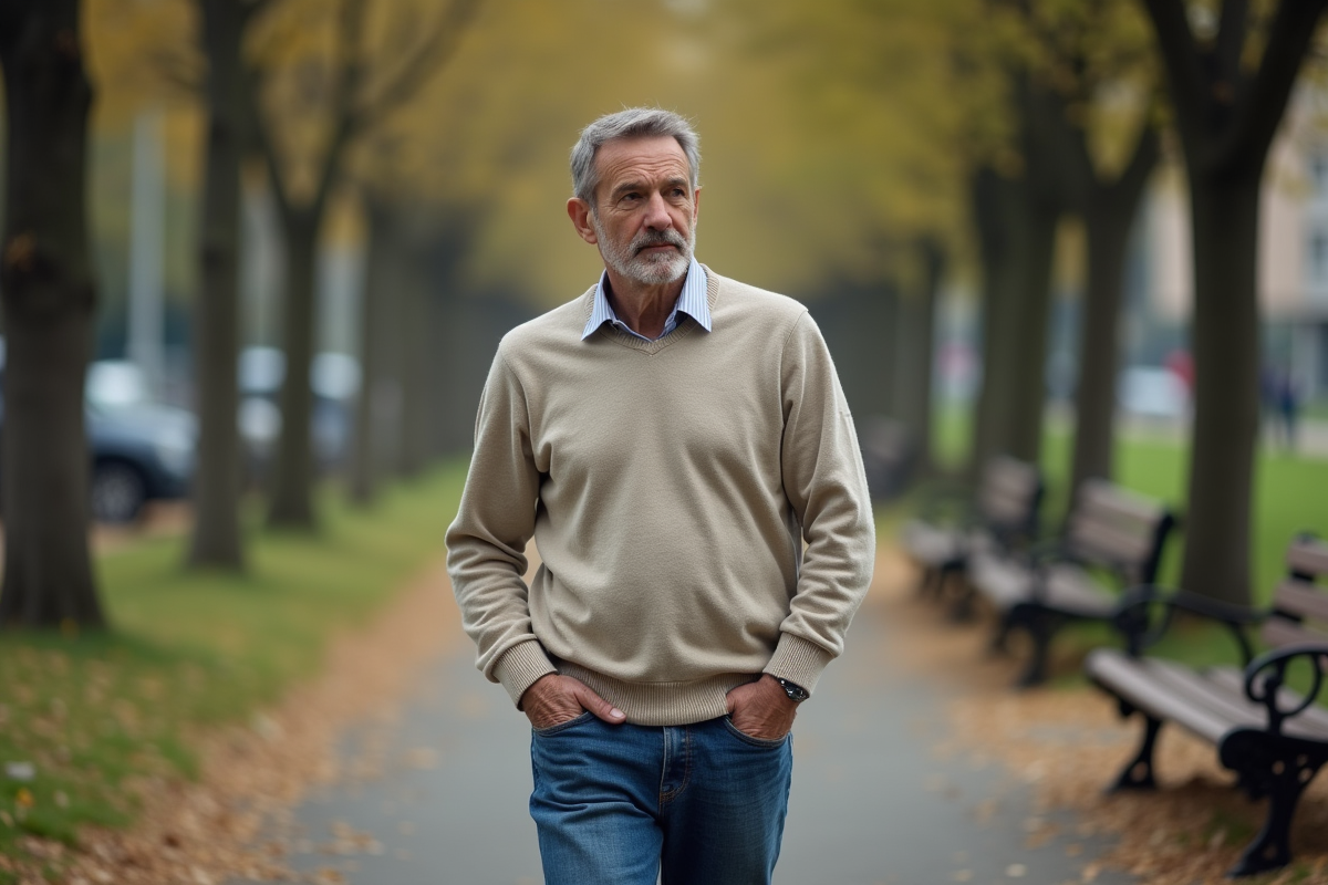 Homme d age moyen marche dans un parc calme