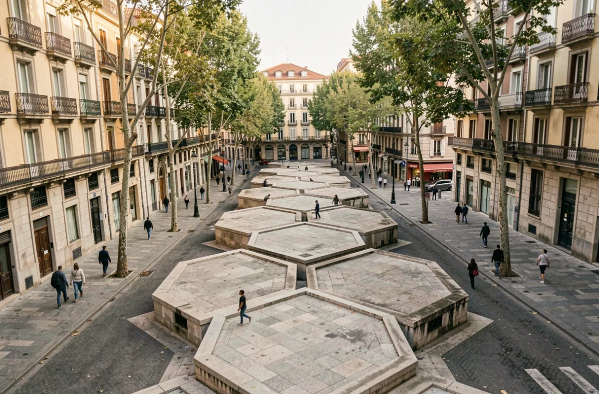 Vue des blocs octogonaux caractéristiques du quartier Eixample à Barcelone avec ses façades modernistes et ses boulevards arborés