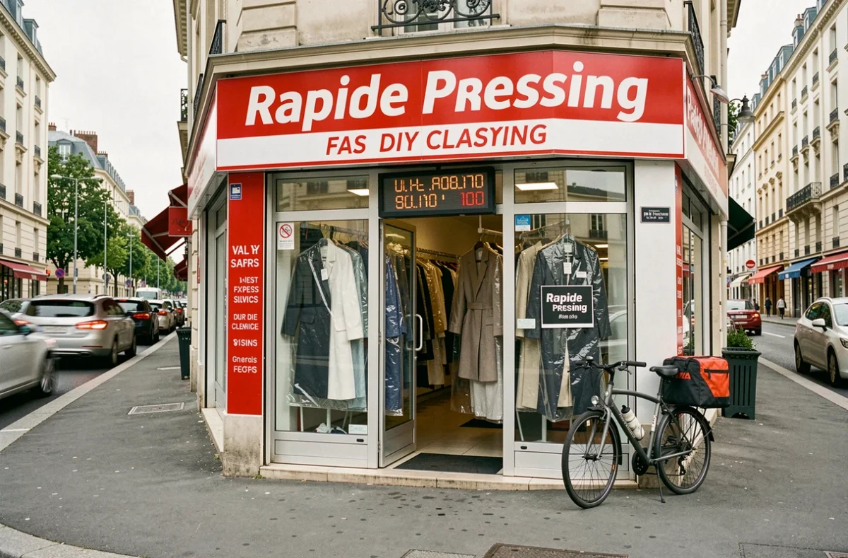 Devanture de Rapide Pressing avec enseigne rouge et blanche sur une rue commerçante du Val-de-Marne
