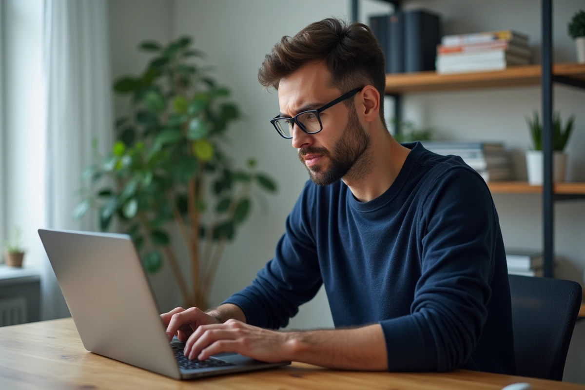 Homme cherchant une adresse fiable sur un moteur de recherche depuis son bureau à domicile en 2026