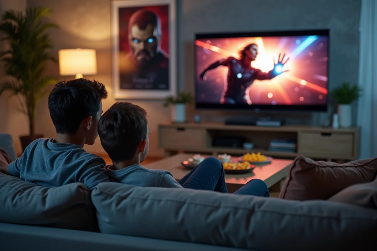 Père et fils regardant un film Marvel Spider-Man ensemble dans un salon moderne avec posters Marvel au mur