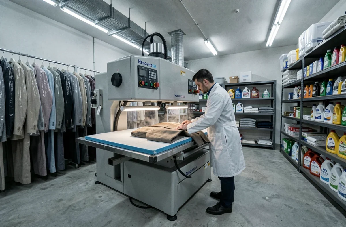 Atelier de pressing professionnel Renovex SAS avec machine à vapeur industrielle et opérateur en blouse blanche