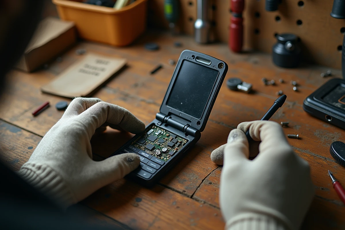 Technicien réparant un ancien Sony Ericsson à rabat sur un établi en bois avec outils et pièces détachées