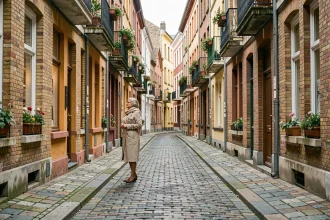 Femme se promenant sur la rue d'Angleterre à Lille avec ses façades flamandes en briques colorées et pavés anciens