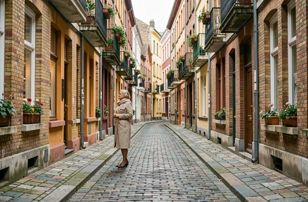 Femme se promenant sur la rue d'Angleterre à Lille avec ses façades flamandes en briques colorées et pavés anciens