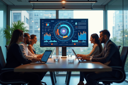 Salle de réunion moderne avec équipe diverse et écran digital