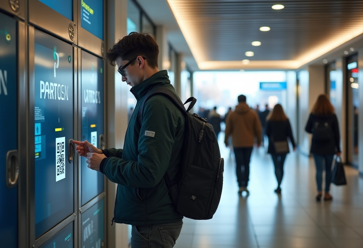 Jeune homme scannant un QR code sur un casier de livraison en centre commercial