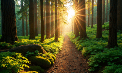 Sentier en forêt verte au coucher du soleil avec lumière dorée