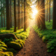 Sentier en forêt verte au coucher du soleil avec lumière dorée