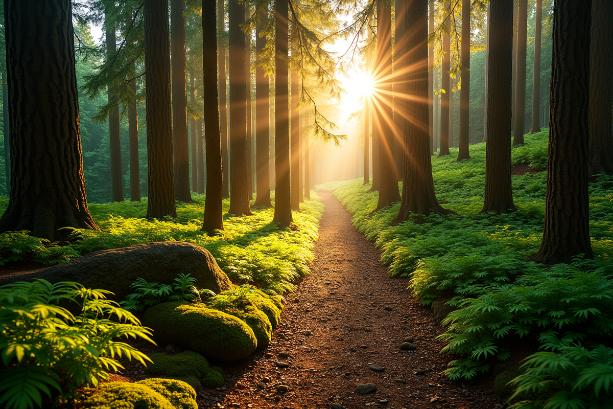 Sentier en forêt verte au coucher du soleil avec lumière dorée