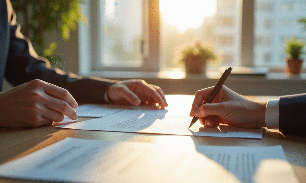 Deux personnes signant un contrat de location en bureau lumineux