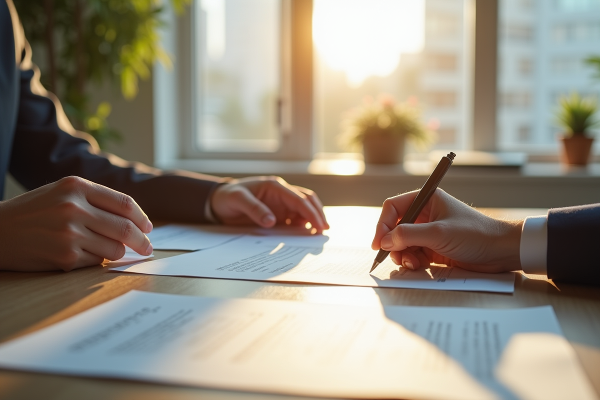 Deux personnes signant un contrat de location en bureau lumineux
