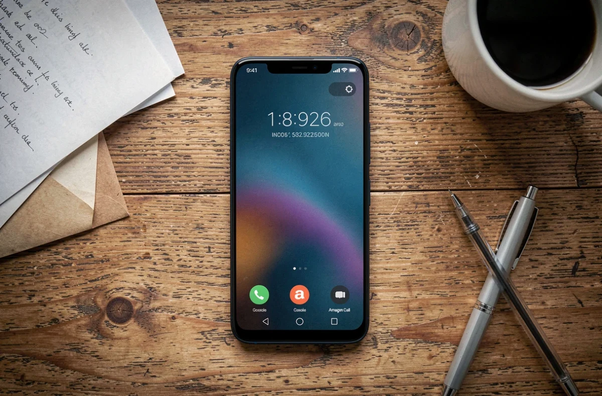 Smartphone posé sur un bureau en bois affichant un appel entrant du numéro Amazon 0187217777 sans message vocal laissé