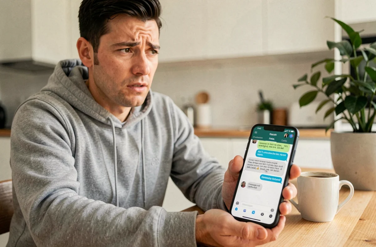 Homme tenant un smartphone Android affichant un message SMS bloqué avec une icône d'échec d'envoi