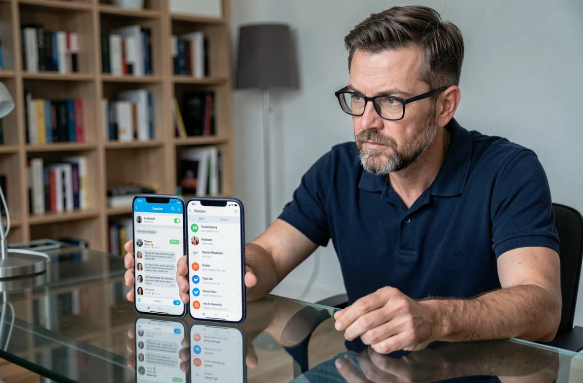 Homme comparant deux smartphones Android pour vérifier les SMS bloqués et les dossiers spam