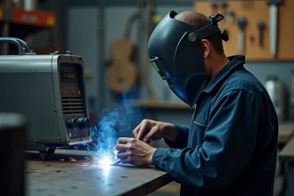 Soudeur professionnel réglant un poste à souder TIG dans un atelier de métallurgie bien équipé
