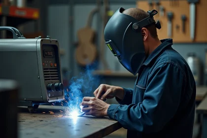 Soudeur professionnel réglant un poste à souder TIG dans un atelier de métallurgie bien équipé