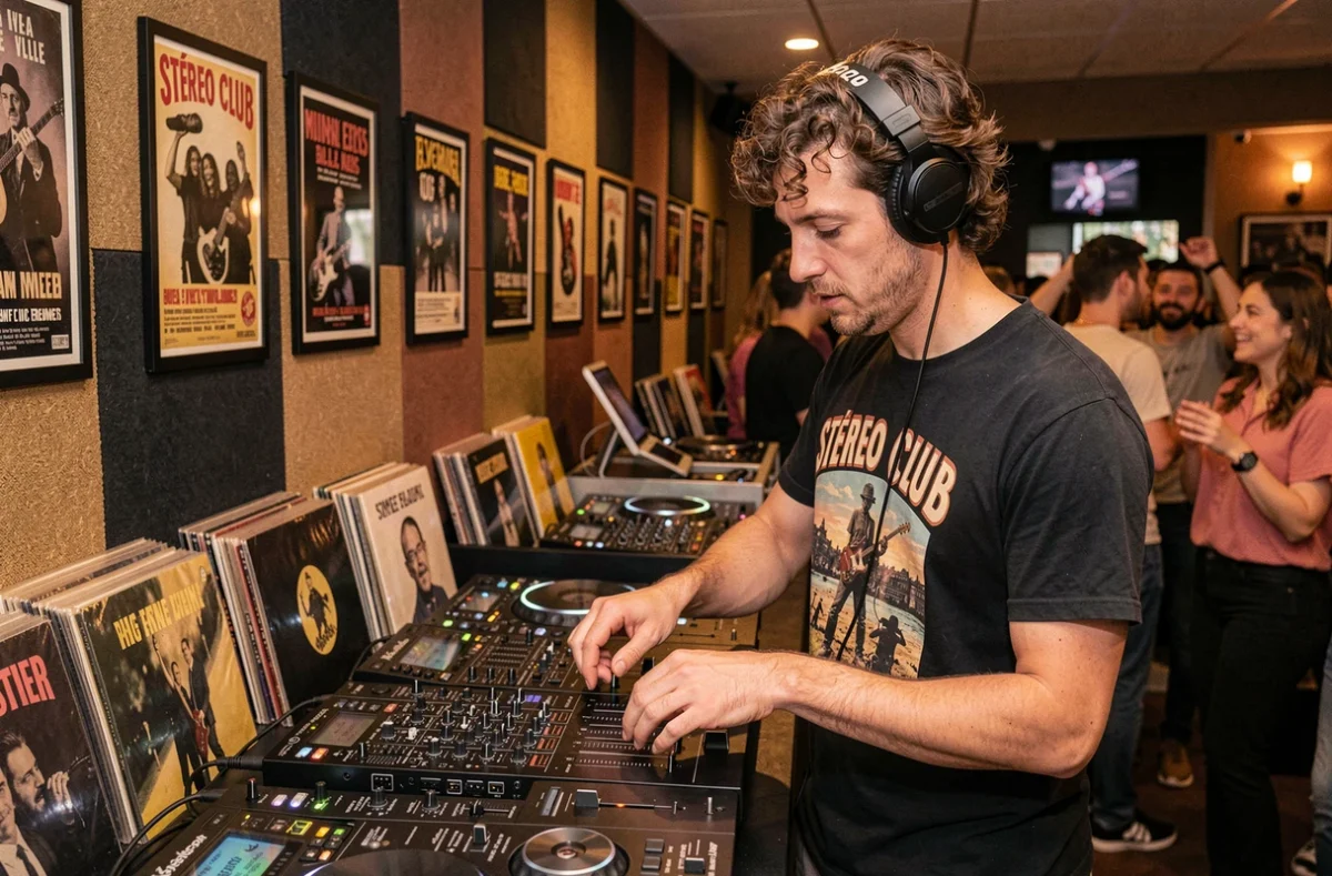 DJ passionné aux platines vinyles dans l'ambiance musicale et authentique du Stéréo Club à Lille