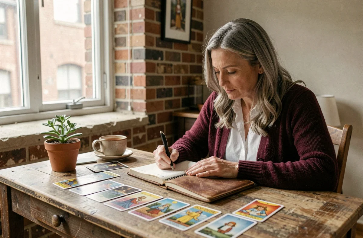 Femme prenant des notes dans un journal après une séance de voyance, dans un espace de travail personnel reflétant un suivi régulier et introspectif