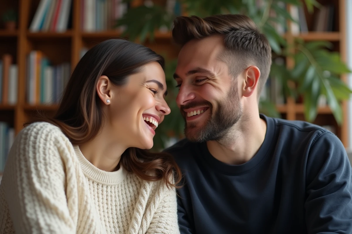 Couple complice partageant un moment tendre et affectueux dans un appartement cosy, illustrant les surnoms d'amour pour homme
