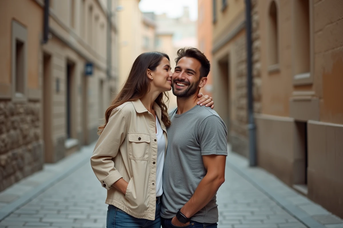 Femme murmurant affectueusement à l'oreille de son partenaire dans une rue pavée, évoquant la complicité des surnoms affectueux en couple