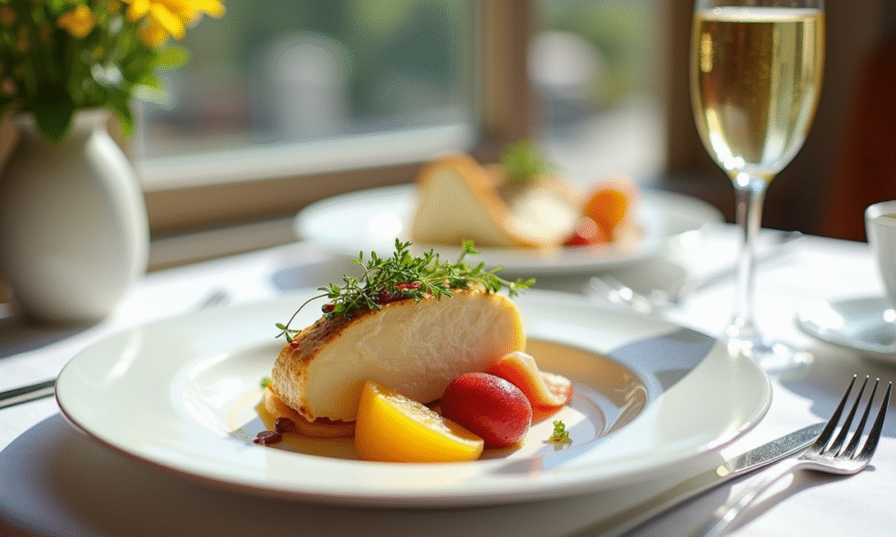 Table élégante avec foie gras et fruits exotiques