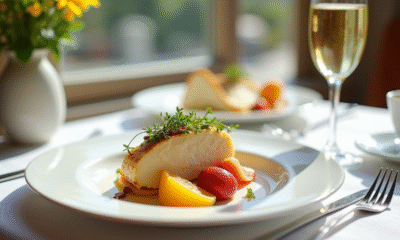 Table élégante avec foie gras et fruits exotiques