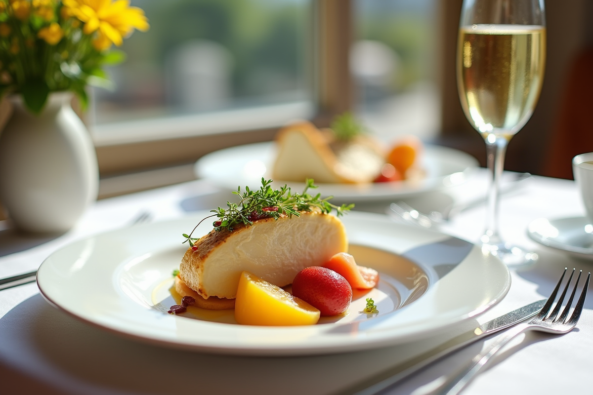 Table élégante avec foie gras et fruits exotiques