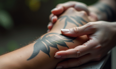 Zoom sur un tatouage tribal frais sur l'avant bras en train d'être hydraté