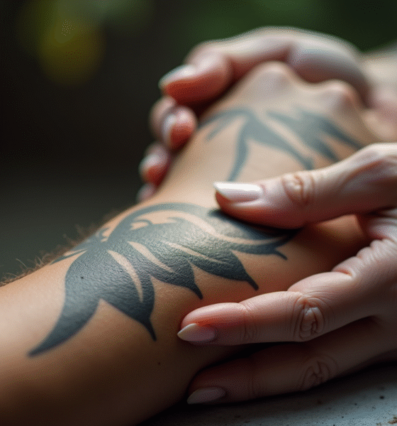 Zoom sur un tatouage tribal frais sur l'avant bras en train d'être hydraté