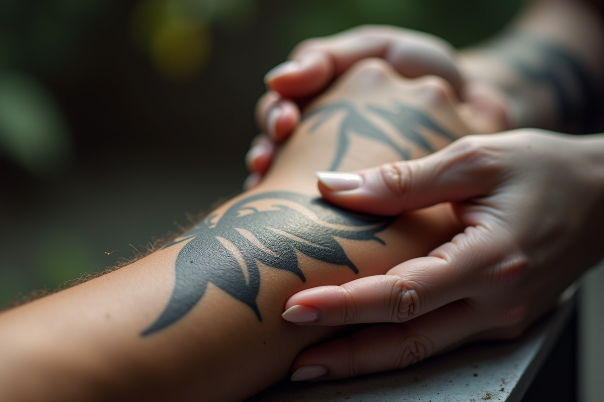 Zoom sur un tatouage tribal frais sur l'avant bras en train d'être hydraté