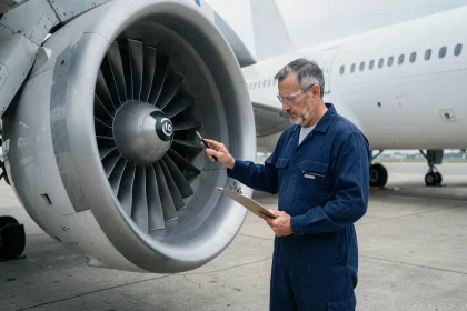 Technicien de maintenance inspectant un moteur de réacteur d'avion commercial sur le tarmac d'un aéroport