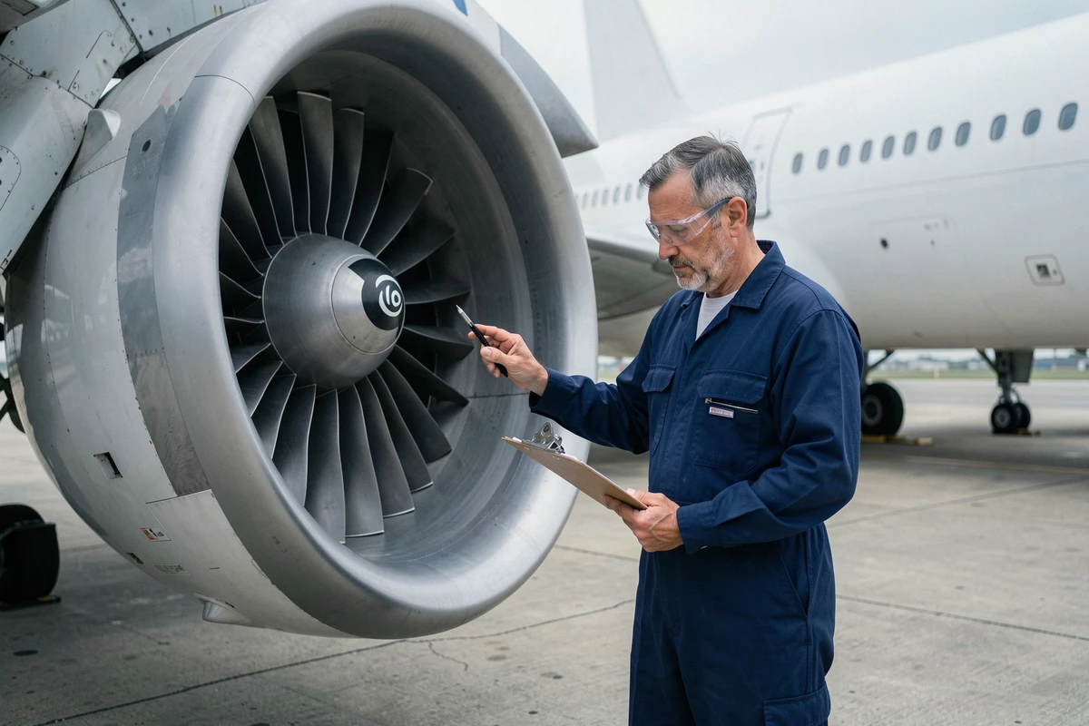 Technicien de maintenance inspectant un moteur de réacteur d'avion commercial sur le tarmac d'un aéroport
