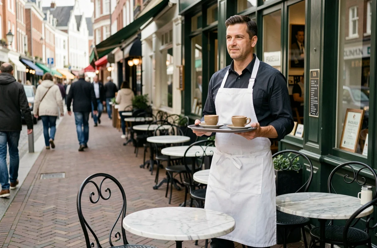 Serveur portant un plateau sur la terrasse d'un estaminet typique de la rue d'Angleterre dans le Vieux-Lille