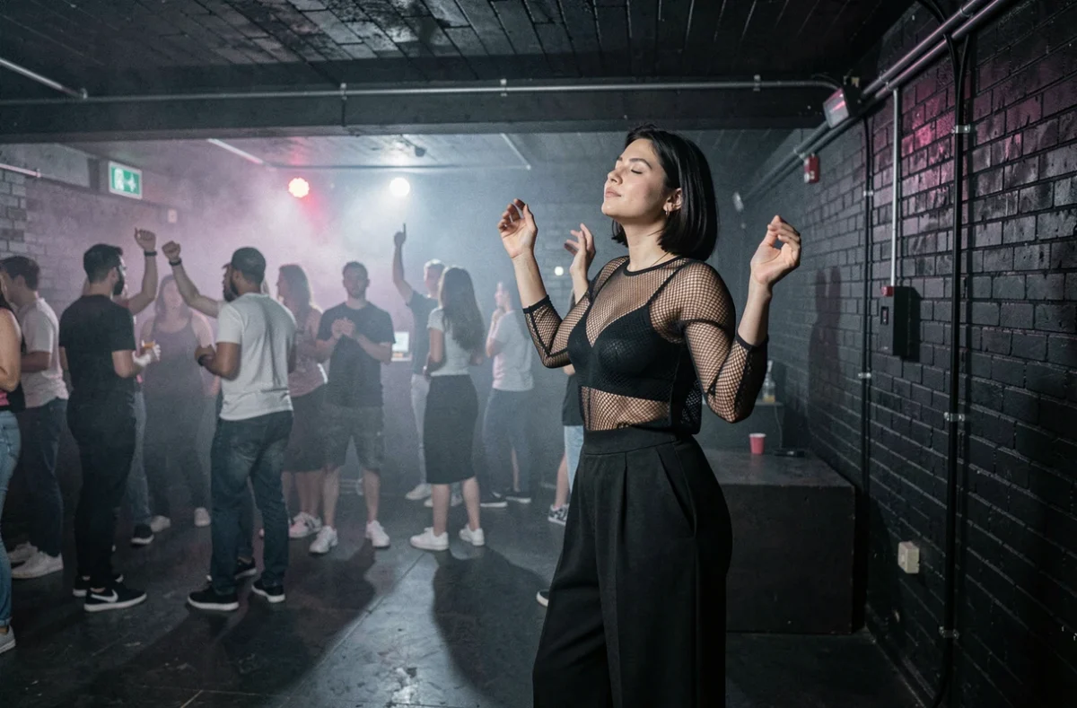 Jeune femme en pleine immersion musicale dans l'atmosphère sombre et underground du club The Room à Lille