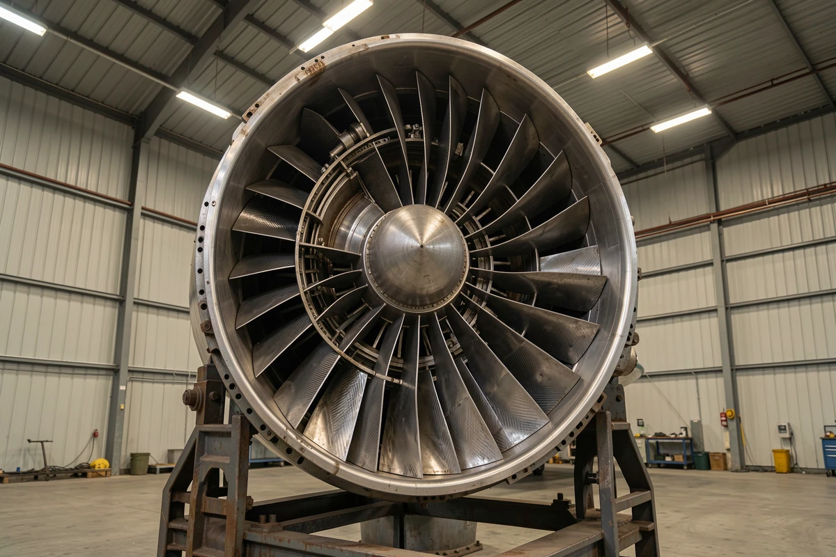 Gros plan sur les aubes de turbine d'un moteur d'avion démonté dans un hangar de maintenance aéronautique