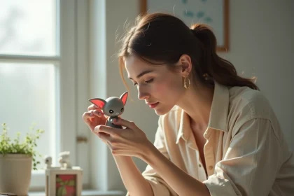 Jeune femme examinant attentivement une figurine Labubu originale pour vérifier son authenticité