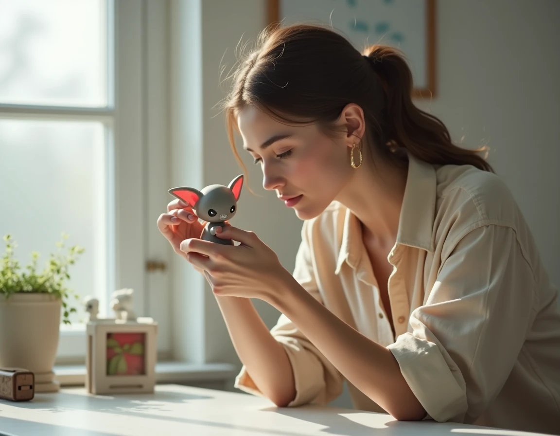 Jeune femme examinant attentivement une figurine Labubu originale pour vérifier son authenticité