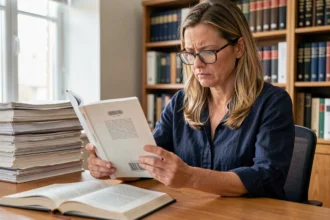 Éditrice vérifiant le numéro ISBN sur la couverture d'un livre avant impression dans un bureau éditorial