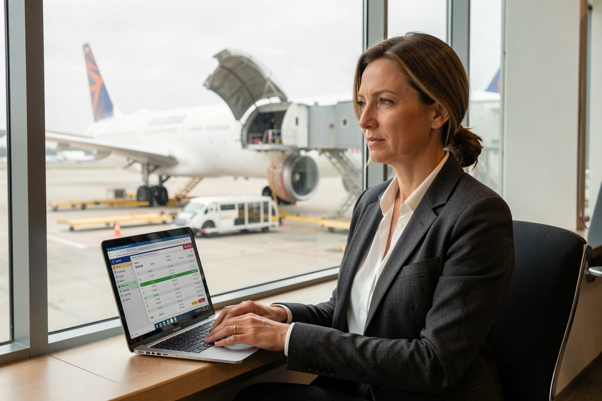 Voyageuse d'affaires consultant les prix des billets d'avion à l'aéroport avec un avion en maintenance visible en arrière-plan