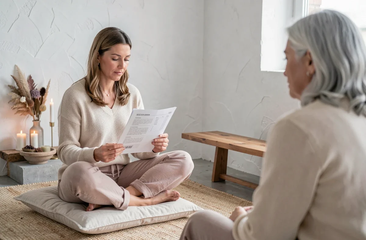 Cliente relisant un compte-rendu de séance de voyance dans un espace de consultation minimaliste, accompagnée de sa conseillère spirituelle expérimentée