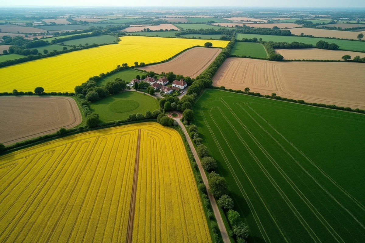 Vue aérienne de parcelles agricoles françaises délimitées pour illustrer la conversion de superficie en hectares