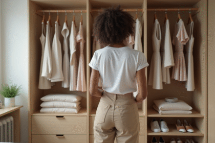 Femme choisissant une tenue dans une armoire moderne